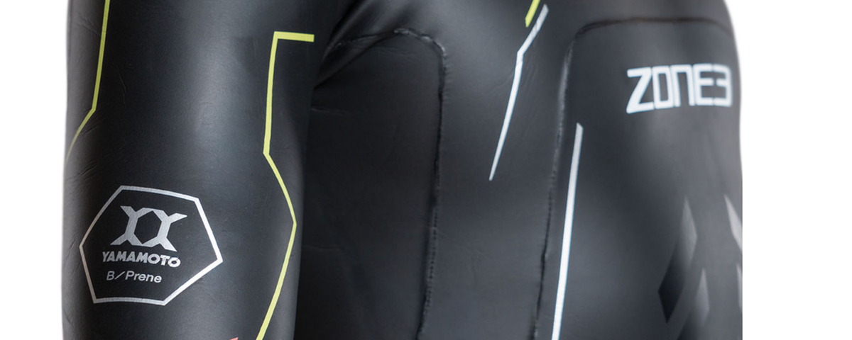 Black athletic suit with Yamamoto and Zone3 branding on a white background