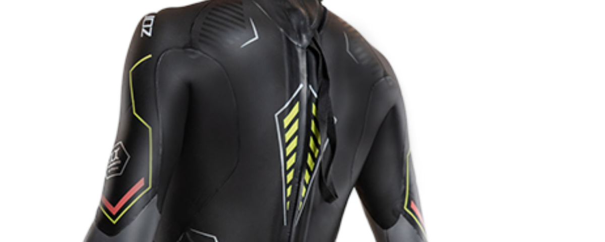 Black wetsuit with yellow accents on a white background