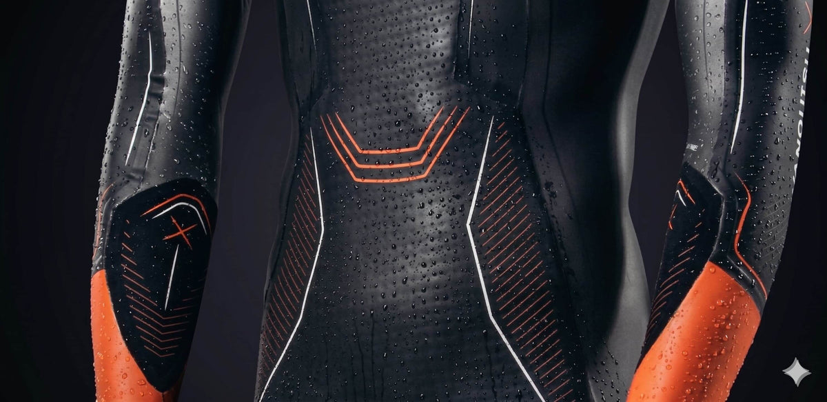 Close-up of a black and orange wetsuit with detailed design on a dark background