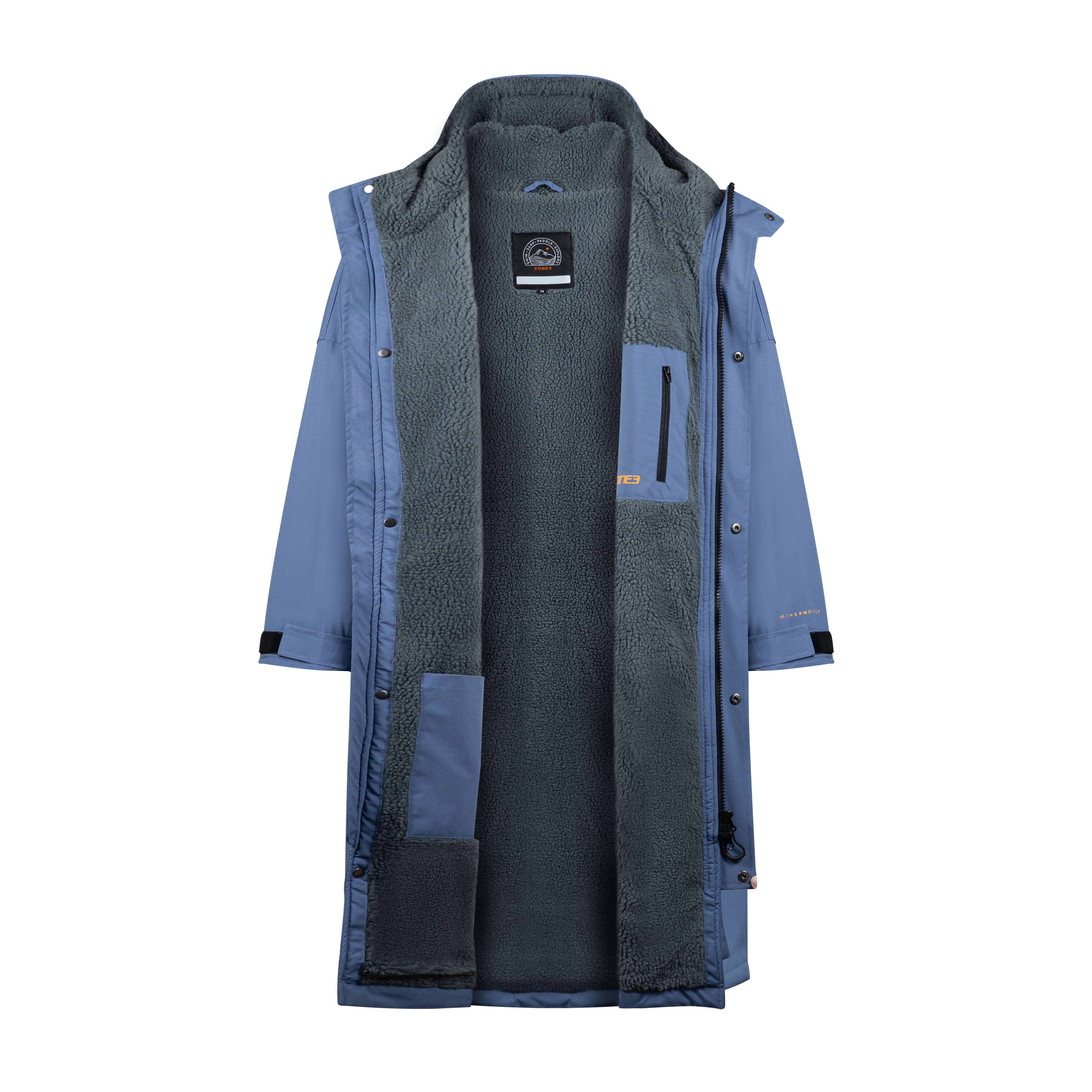 Open view of the robe revealing full interior fleece lining with chest zip pocket and towel pocket.