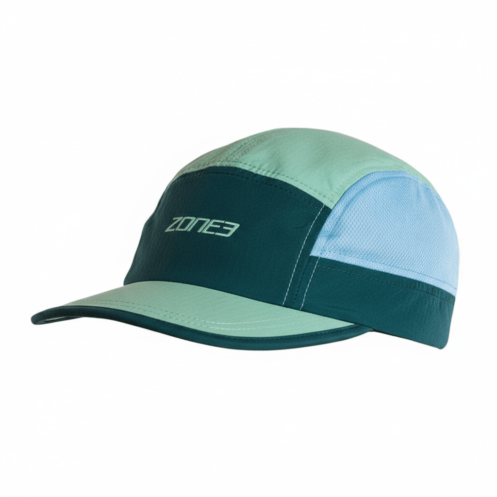 5-Panel Running Cap in teal and mint green, designed for comfort during running activities.