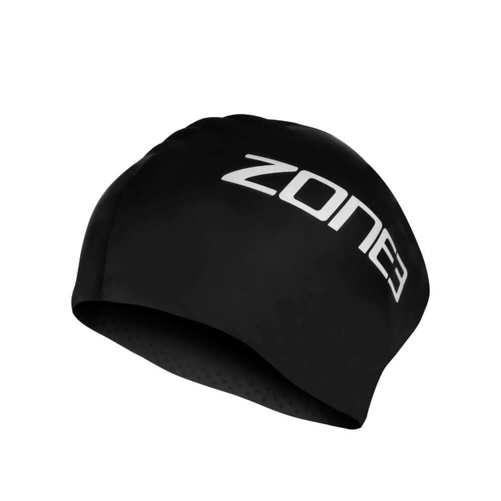 Silicone Swim Cap - Long Hair in black with white logo, perfect for swimmers with long hair to keep hair dry.